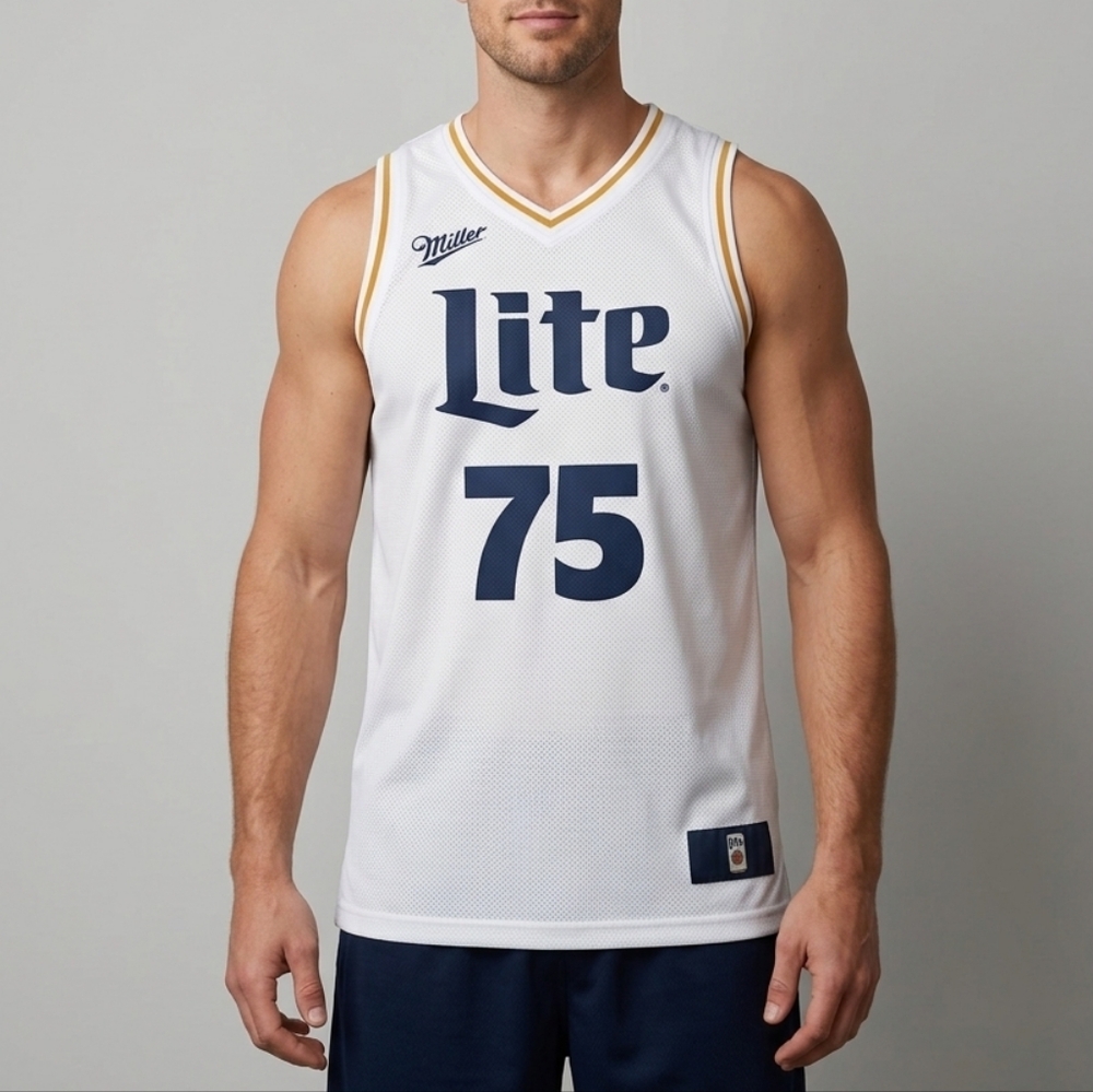 NEW Miller Lite Mens Medium Basketball Jersey Shirt White Blue #75 Tank Top